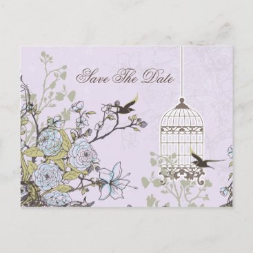 Lavender Lilac vintage birdcage birds wedding Announcement Postcard