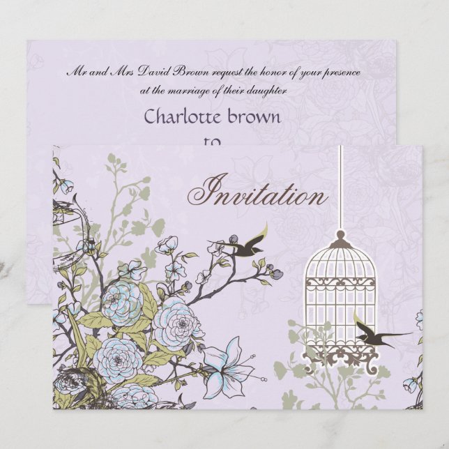 Lavender Lilac vintage birdcage birds wedding Invitation (Front/Back)