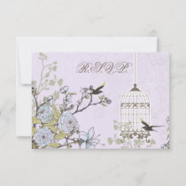 Lavender Lilac vintage birdcage birds wedding RSVP Card