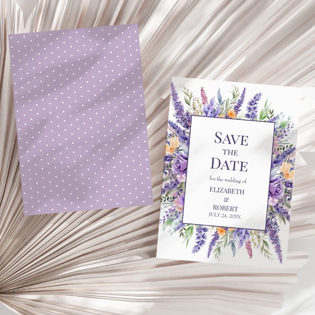 Lavender Lilac Watercolor Wildflower Save The Date Invitation (Lavender Lilac Watercolor Wildflower Save The Date Invitation on a sunny neutral dry palm leaf.)