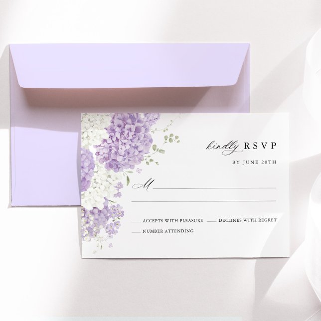 Lavender Lilac White Floral Watercolor Wedding RSVP Card (Lavender white hydrangea wedding RSVP card with floral design, lilac elegant wedding stationery)