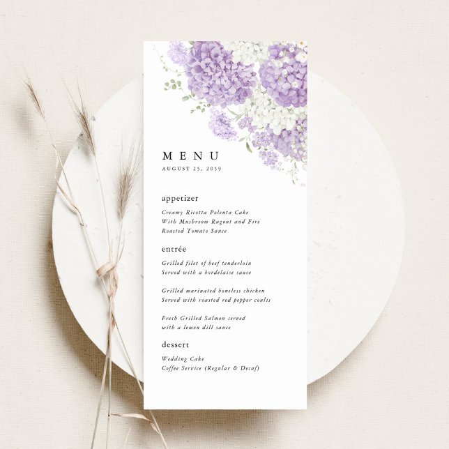 Lavender Lilac White Floral Wedding Reception Menu (Lavender lilac white hydrangea wedding menu, romantic watercolor floral reception table dinner menu)