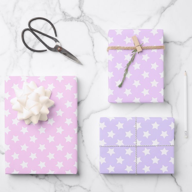 Lavender Lilac White Stars Polka Dots Wrapping Paper Sheets (Front)
