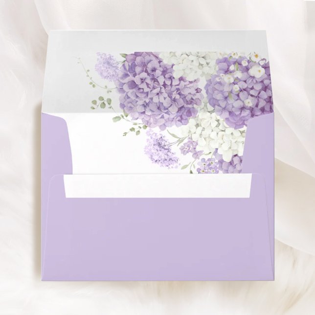 Lavender Lilac White Wedding Liner & Addressed Envelope (Lavender white wedding envelope with floral envelope liner, lilac hydrangea wedding stationery)