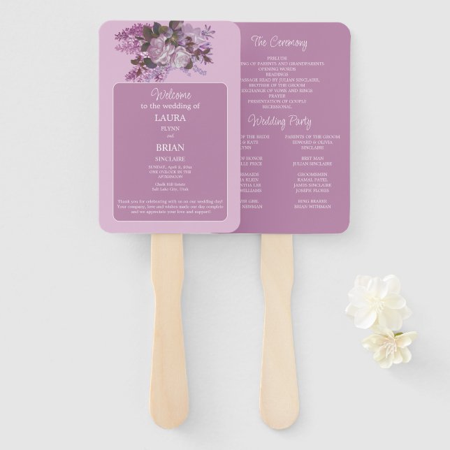 Lavender,Lilacs, Roses, Wedding Program Hand Fan (Front and Back)