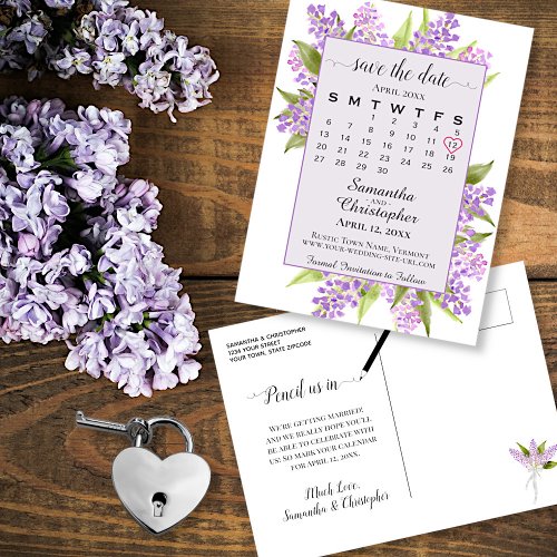 Lavender Lilacs Wedding Save the Date Calendar  Announcement Postcard