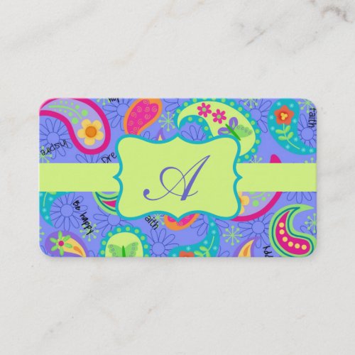 Lavender Lime Green Modern Paisley Monogram Business Card