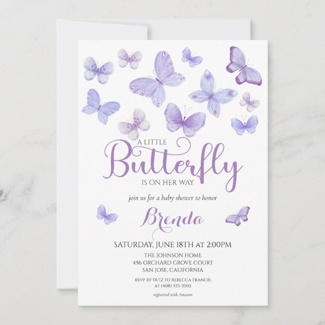 Lavender Little Butterfly Girl Baby Shower Invitation (Front)