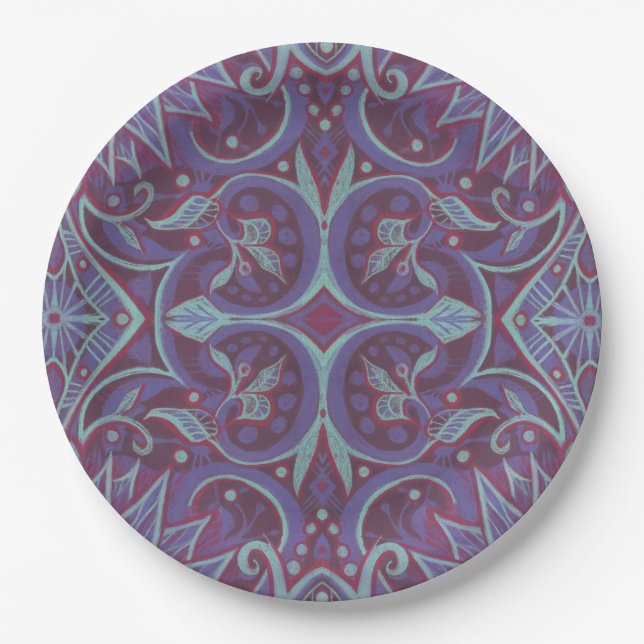 "Lavender lotus" floral arabesque pattern Dinner P Paper Plates (Front)