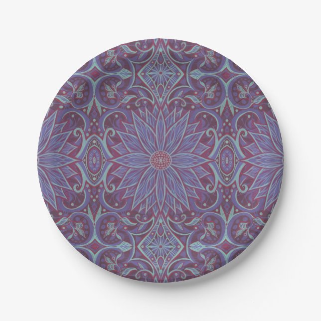 Lavender Lotus Floral Arabesque Pattern Paper Plates (Front)