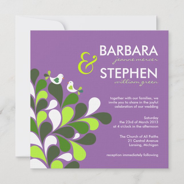 Lavender Love Birds - Linen Wedding Invitations (Front)