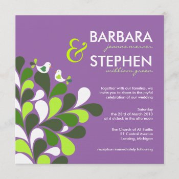 Lavender Love Birds - Linen Wedding Invitations by deluxebridal at Zazzle