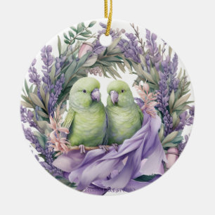 Lavender Lovebirds Ceramic Ornament