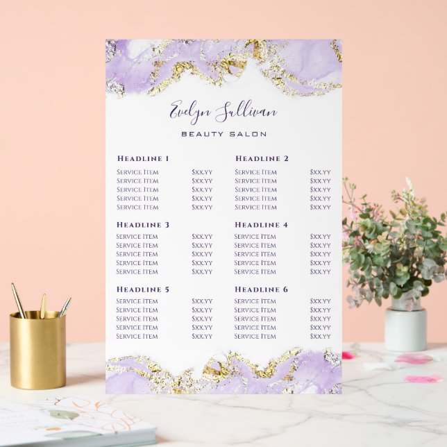 Lavender Marbling Design Price List Acrylic Sign (Wedding)