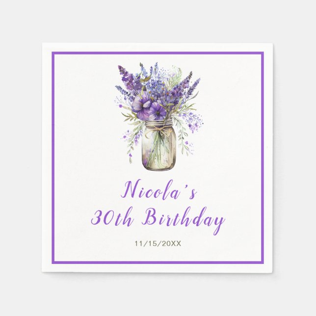 Lavender Mason Jar Birthday Napkins (Front)