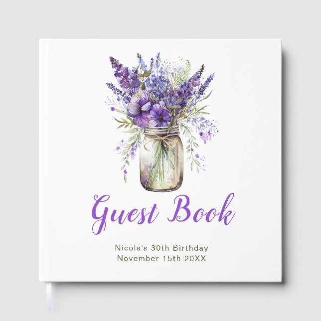 Lavender Mason Jar Birthday Party Guest Book (Front)