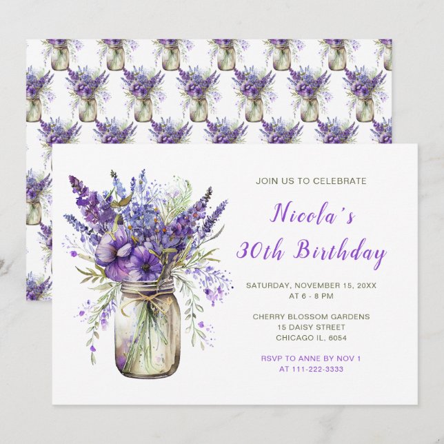 Lavender Mason Jar Birthday Party Invitation (Front/Back)