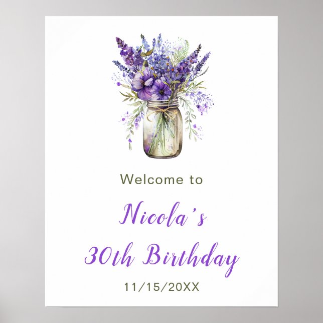 Lavender Mason Jar Birthday Welcome Poster (Front)