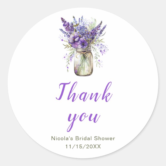 Lavender Mason Jar Bridal Shower Classic Round Sticker (Front)