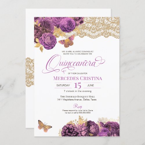 Lavender Mauve Roses  Lace Butterfly Quinceaera  Invitation