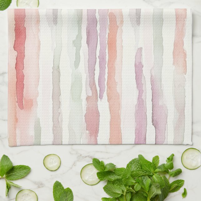 Lavender Melon Pink White Stripes   Kitchen Towel (Folded)