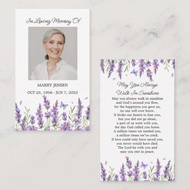 Lavender Memorial Photo Funeral Prayer Card (Front/Back)