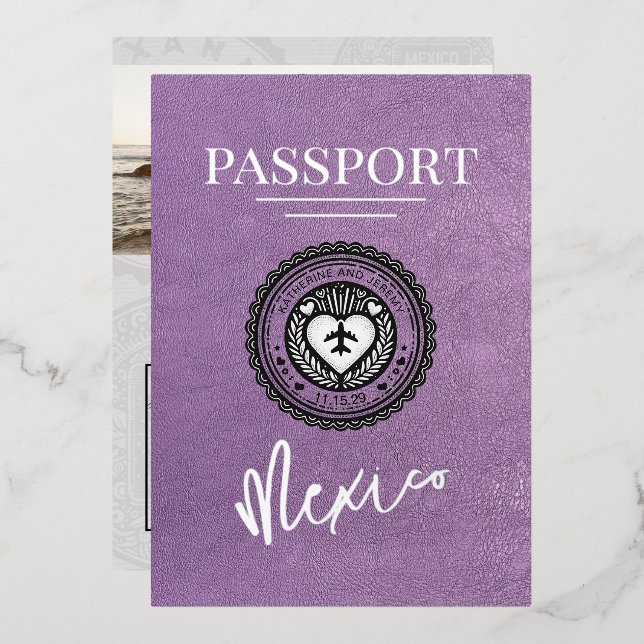 Lavender Mexico Passport Wedding Foil Invitation (Front/Back)