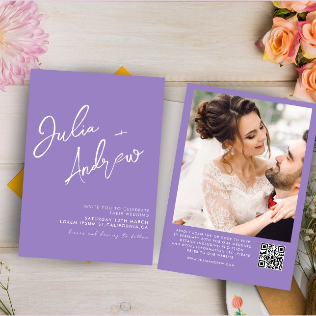 Lavender Minimal Script QR Code Photo Wedding  Invitation (Creator Uploaded)