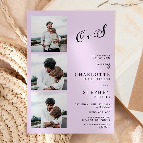 Lavender minimalist casual initials photo wedding invitation