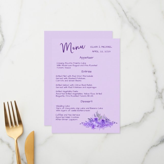 Lavender minimalist elegant Wedding Menu (Front/Back In Situ)