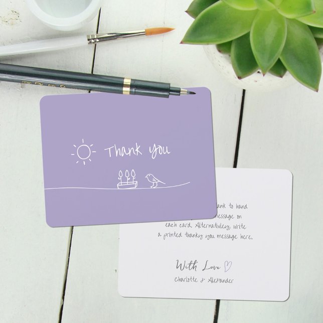 Lavender Minimalist Flowers Bird Sun Drawing Thank You Card (Lavender Minimalist Flowers Bird Sun Drawing Thank You Card ©Susanne Sachers - Sunny Mind 🌞)