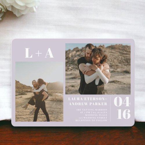 Lavender minimalist initials 2 photos wedding invitation