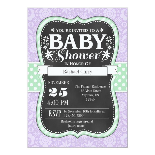Lavender Mint Chalkboard Floral Baby Shower Invite