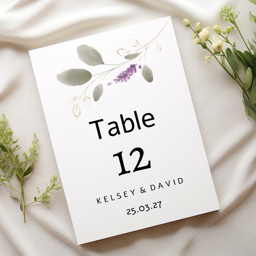 Lavender mint gold watercolor floral Table Number