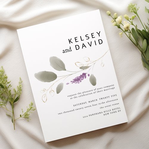 Lavender mint gold watercolor floral wedding invitation