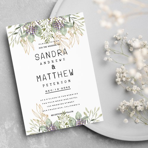 Lavender mint green gold glitter floral Wedding Invitation