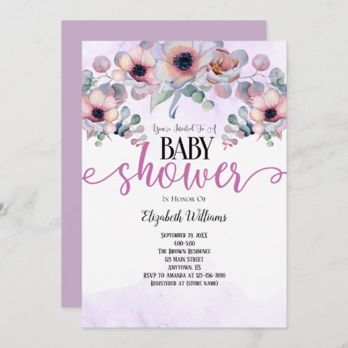 Lavender Mint Pink Flowers Baby Shower Invitation
