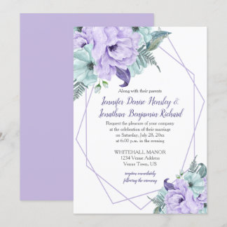Lavender Mint Purple Geometric Watercolor Peonies Invitation