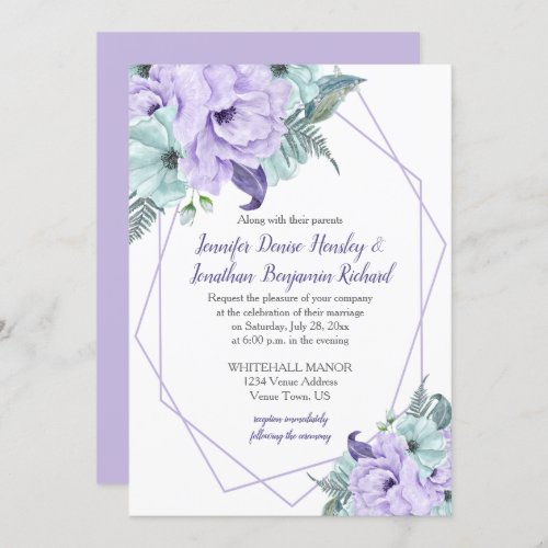 Lavender Mint Purple Geometric Watercolor Peonies Invitation