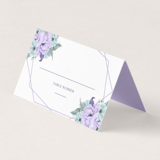 Lavender Mint Purple Geometric Watercolor Peonies Place Card
