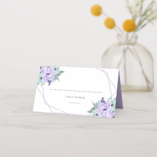 Lavender Mint Purple Geometric Watercolor Peonies Place Card