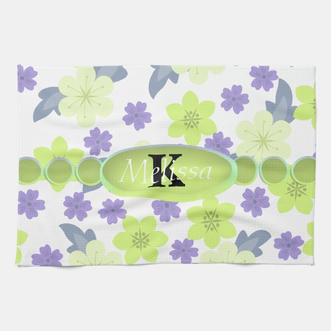 Lavender Mint Spring Flowers Monogram Towel (Horizontal)