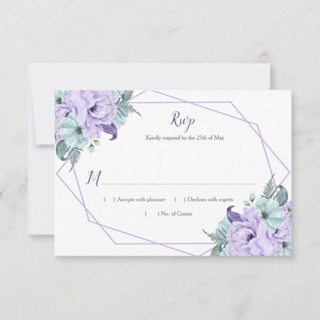 Lavender Mint Watercolor Peonies Geometric RSVP (Front)
