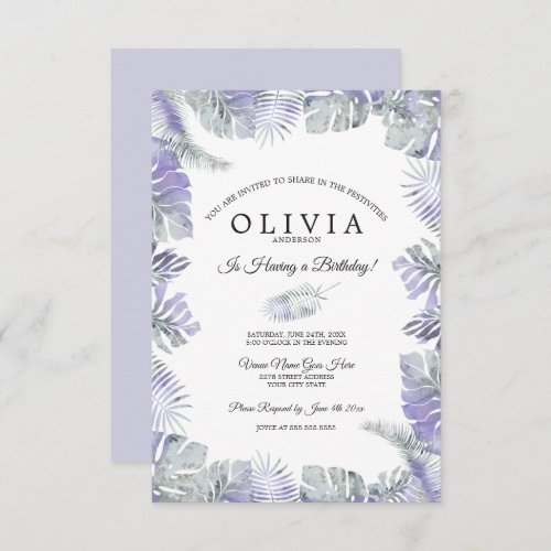 Lavender Mist Watercolor Tropical Leaves Birthday Invitation