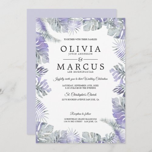 Lavender Mist Watercolor Tropical Leaves Wedding Invitation