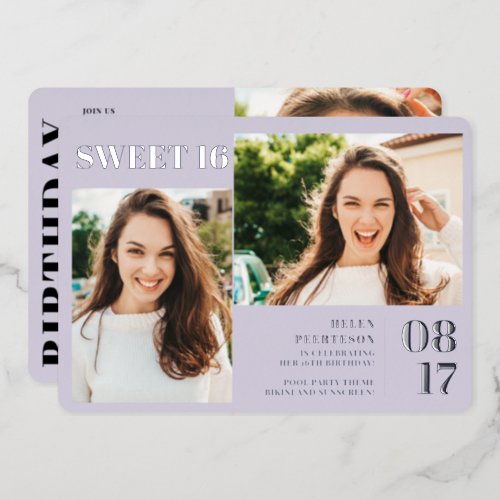 Lavender modern bold 3 photos Sweet 16 Foil Invitation - Modern simple minimalist modern 3 photos Sweet 16 birthday party. Add your photos, with a simple bold script, pastel dusty lavender purple.