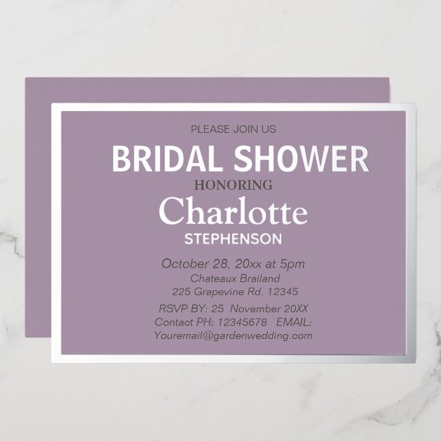 Lavender Modern  Classic Bridal Shower  Foil Invitation (Front/Back)