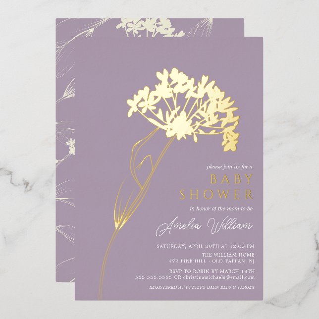 Lavender Modern Floral Baby Shower Foil Invitation (Front/Back)