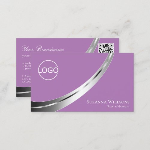 Lavender Modern Silver Decor with Logo and QR_Code Business Card