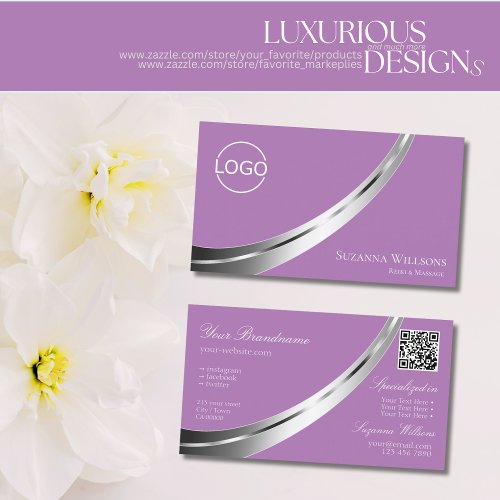 Lavender Modern Silver Decor with Logo and QR_Code Business Card